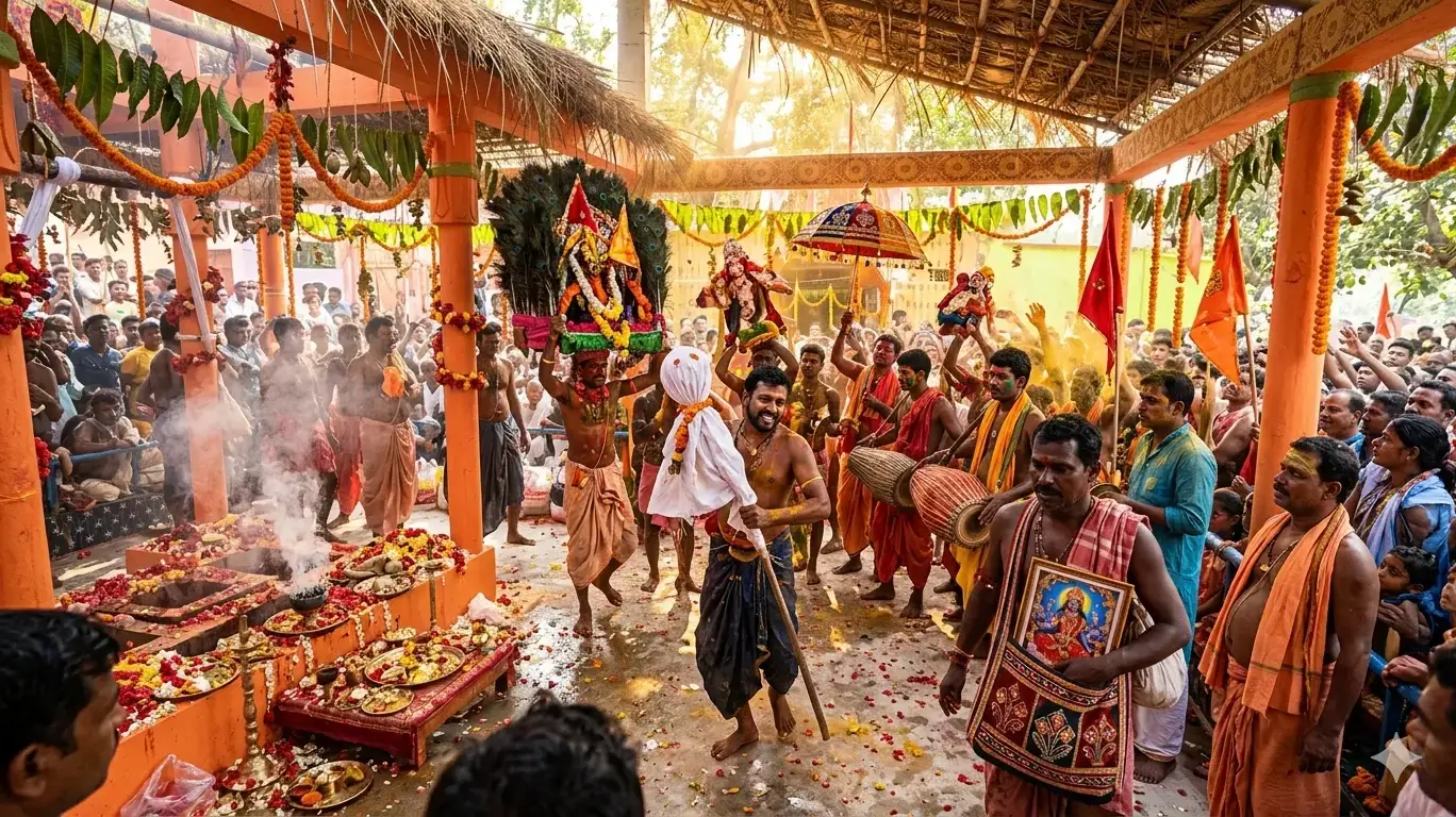 Danda Nacha devotees performing traditional fire and air walking rituals during the Meru Jatra 2026 festival in Brahmapur, Odisha.