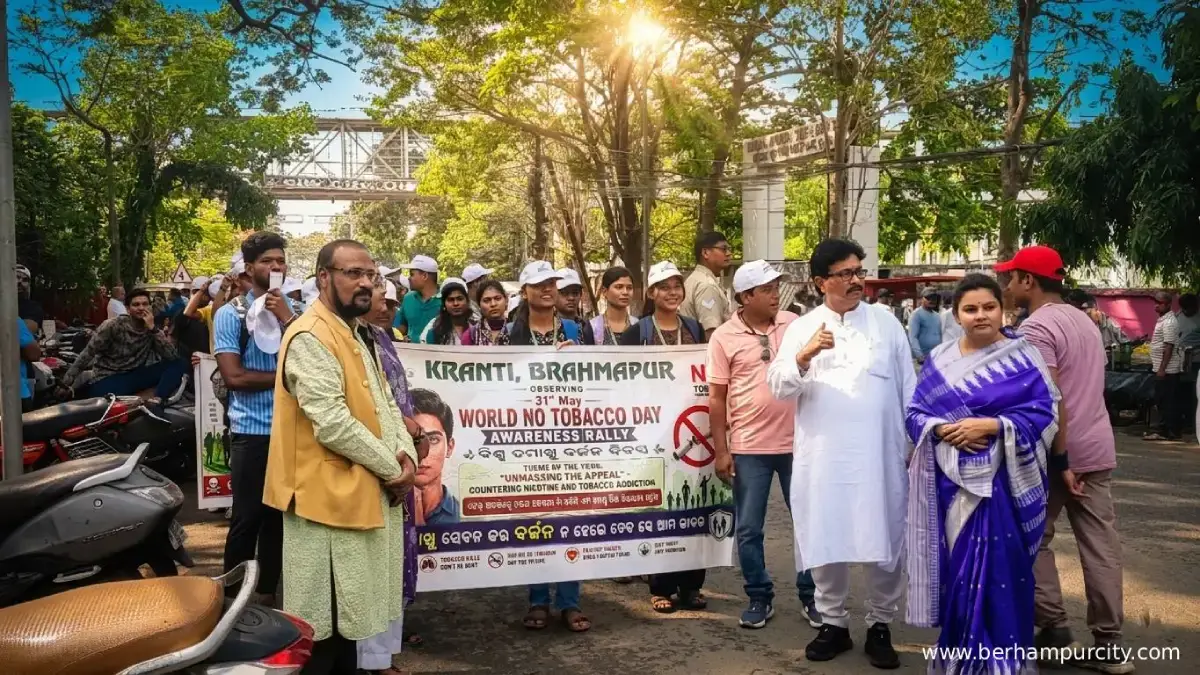 Participants attending the World No Tobacco Day awareness rally organized by KRANTI at Kholikote College Ground in Berhampur, Odisha. The anti-tobacco campaign promoted awareness about the harmful effects of smoking, gutkha, and tobacco consumption among citizens.