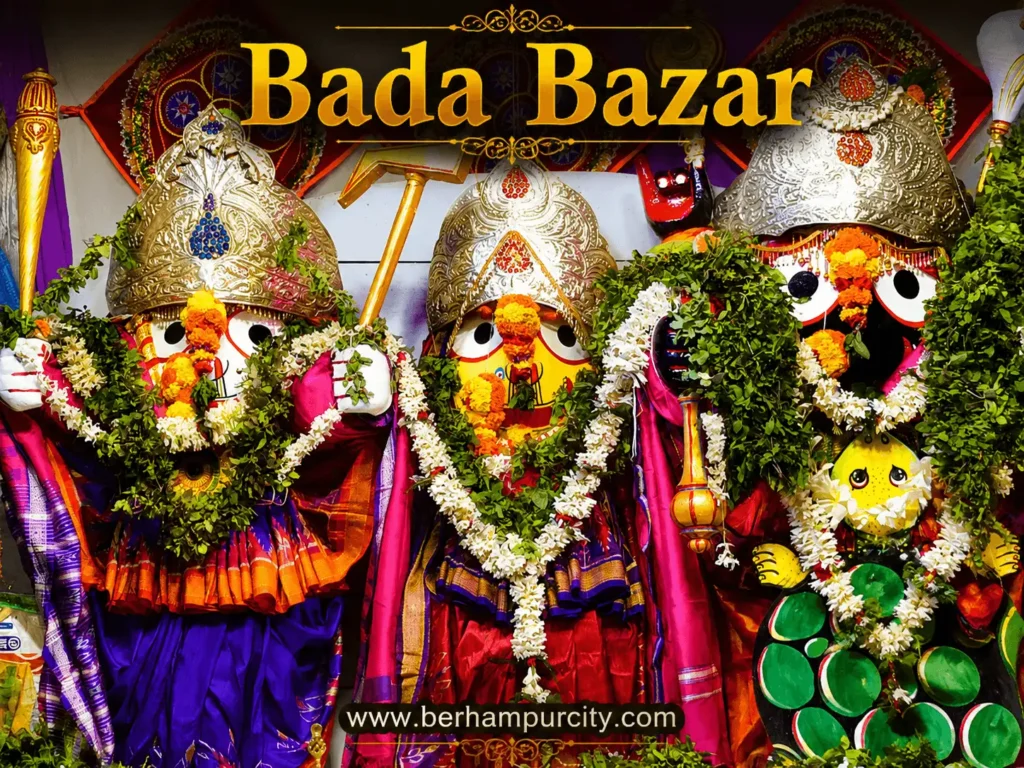Beautifully decorated Lord Jagannath, Lord Balabhadra and Devi Subhadra at Bada Bazar Mausi Maa Mandap during Ratha Yatra 2026 in Brahmapur (Berhampur), Odisha.