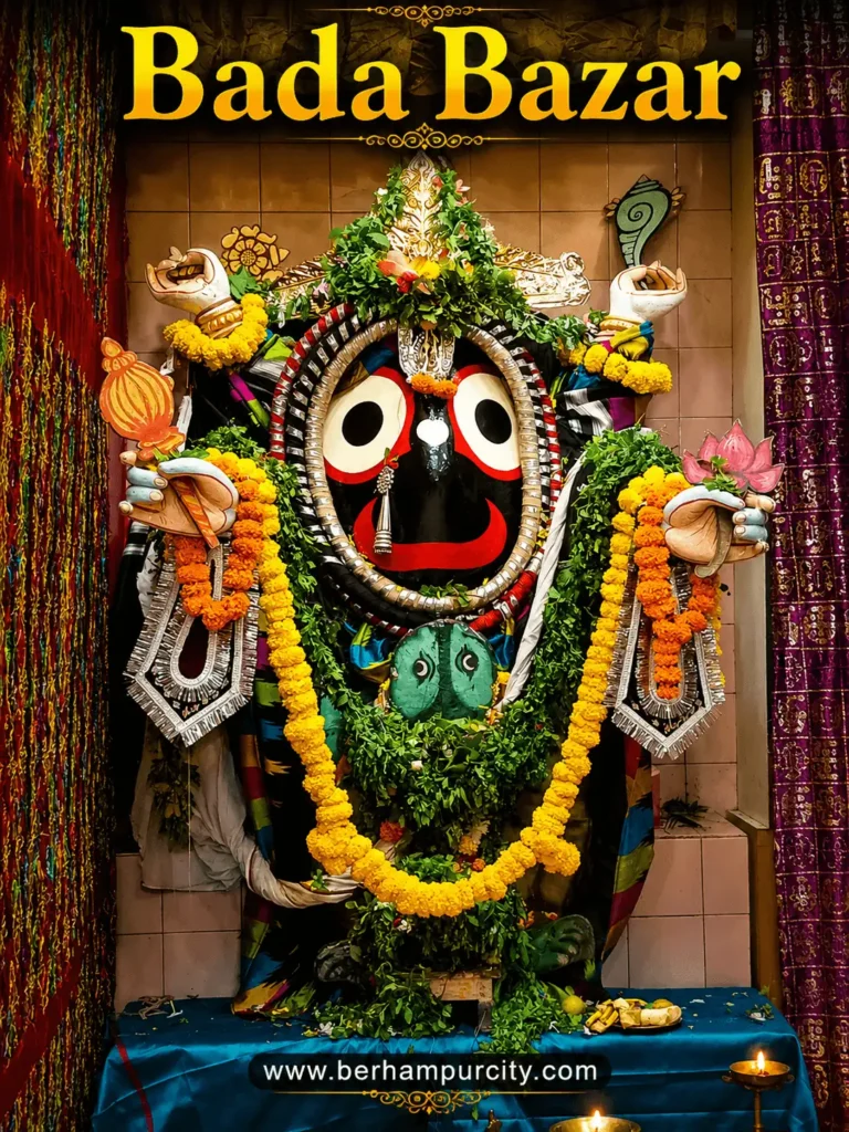 Beautifully decorated Lord Jagannath idol at Bada Bazar Mausi Maa Mandap during Ratha Yatra 2026 in Brahmapur (Berhampur), Odisha.