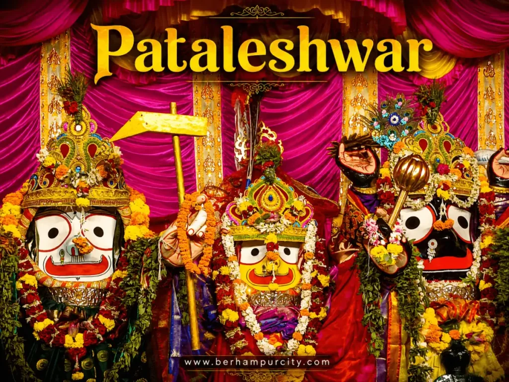 Lord Jagannath, Lord Balabhadra and Devi Subhadra at Pataleshwar Mausi Maa Mandap during Ratha Yatra 2026 in Brahmapur (Berhampur), Odisha.