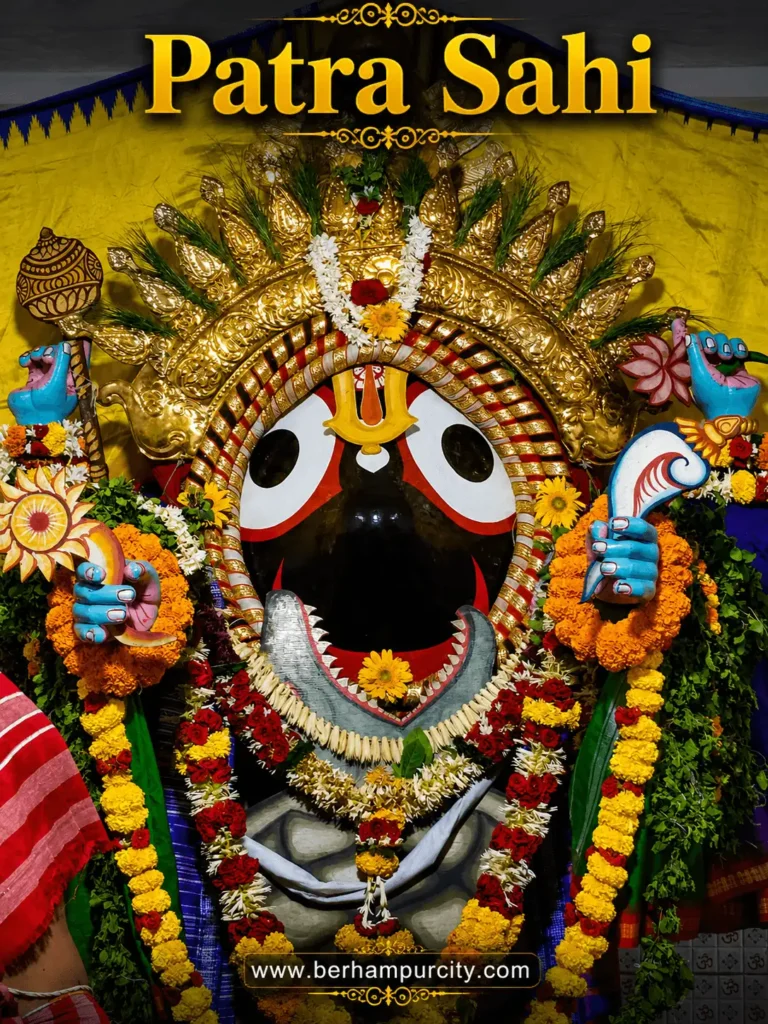 Lord Jagannath decorated with colorful flowers at Patra Sahi Mausi Maa Mandap during Ratha Yatra 2026 in Brahmapur (Berhampur), Odisha.